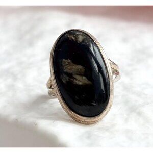 Obsidian Oval Cut Gemstone Sterling Silver 925 Vintage Ring - sz 8.25